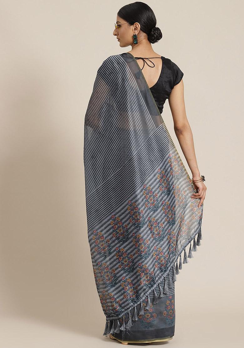 Black Floral Embroidered Cotton Saree Set - Indya