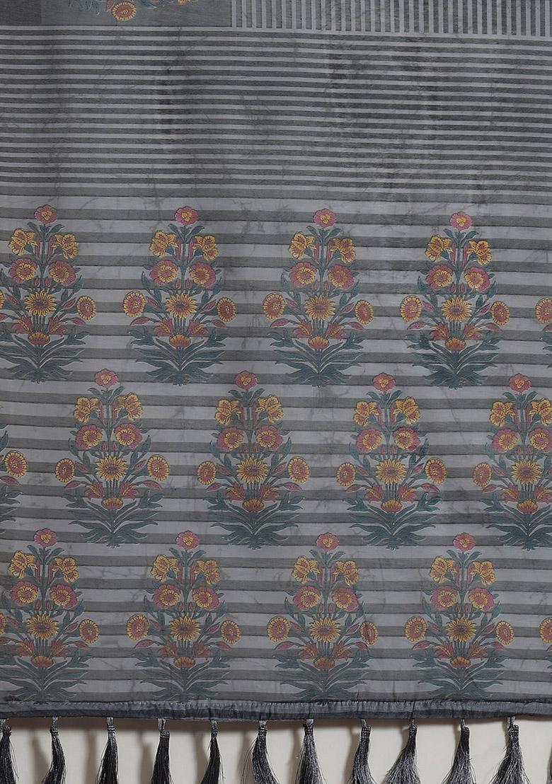 Black Floral Embroidered Cotton Saree Set - Indya