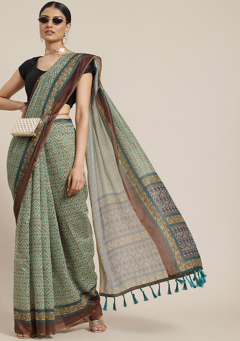 Green Kalamkari Print Cotton Saree Set