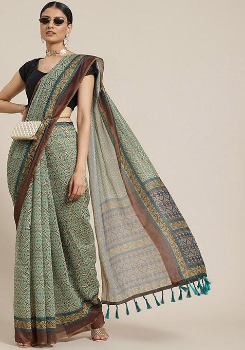 Green Kalamkari Print Cotton Saree Set