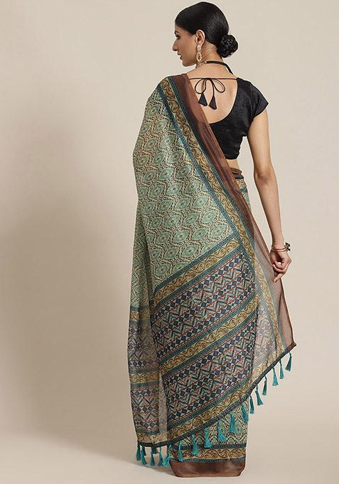 Green Kalamkari Print Cotton Saree Set