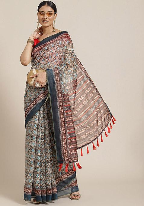 Multicolour Kalamkari Print Cotton Saree Set