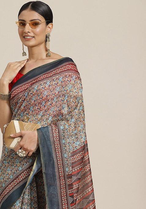 Multicolour Kalamkari Print Cotton Saree Set