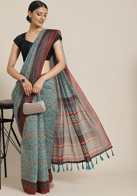 Turquoise Kalamkari Print Cotton Saree Set