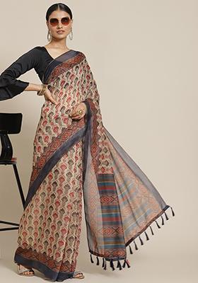 Navy Blue Digital Kalamkari Print Cotton Saree Set