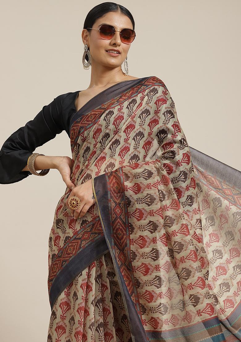 Navy Blue Digital Kalamkari Print Cotton Saree Set