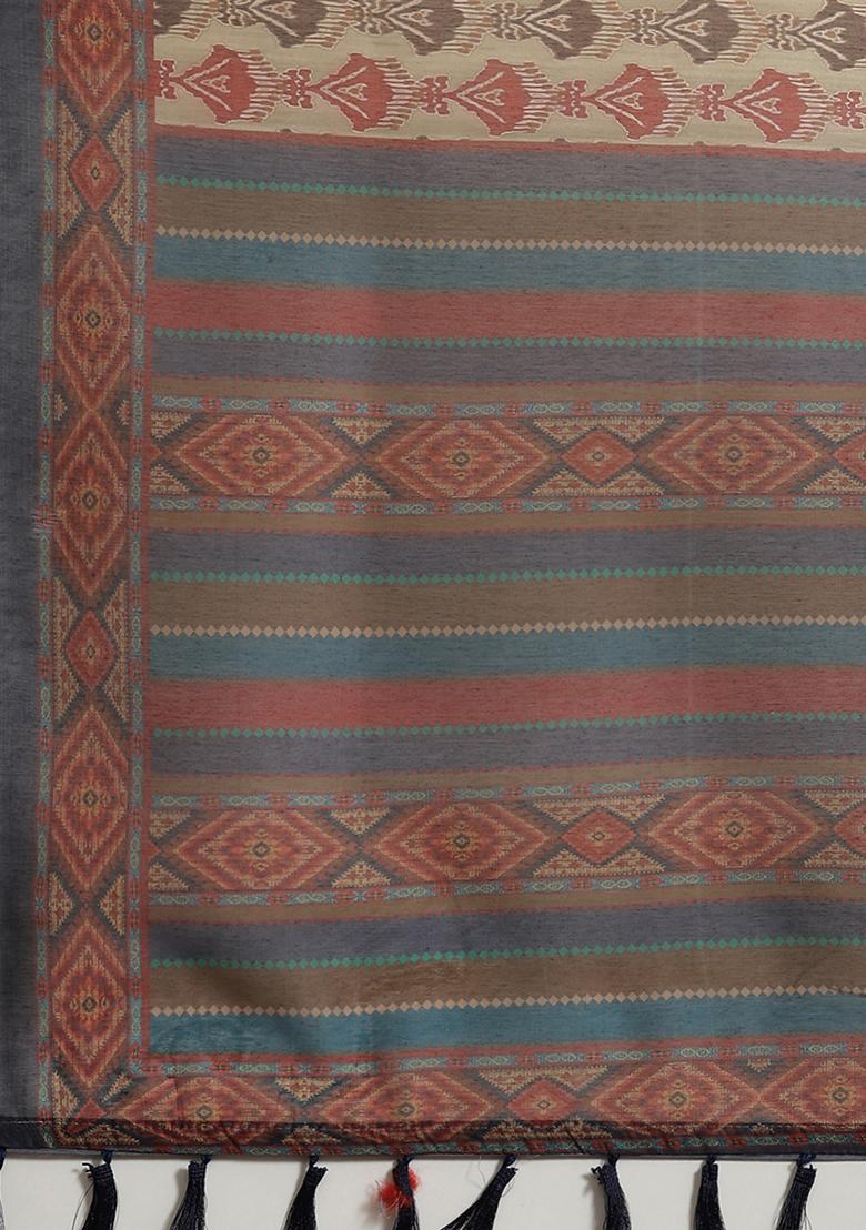 Navy Blue Digital Kalamkari Print Cotton Saree Set