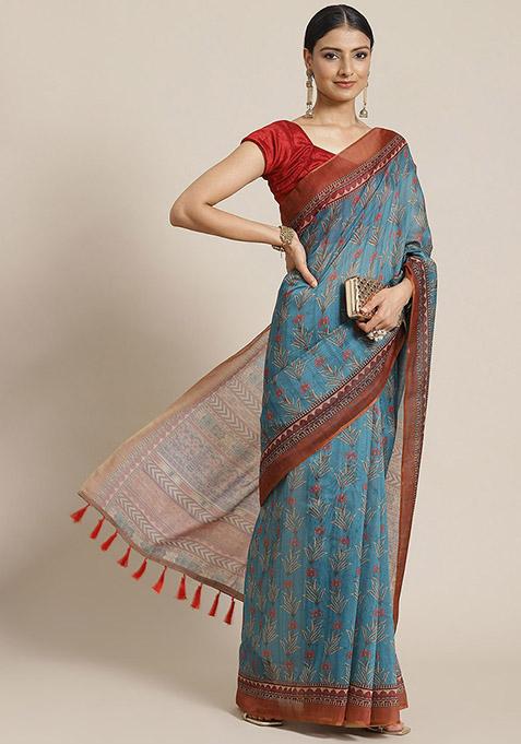 Turquoise Kalamkari Digital Print Cotton Saree Set