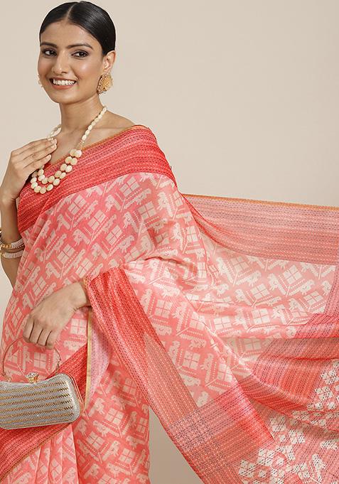 Pink Kalamkari Digital Print Cotton Saree Set