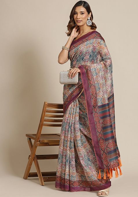 Multicolor Digital Kalamkari Digital Print Cotton Saree Set