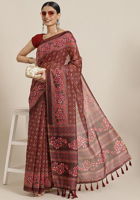 Brown Kalamkari Digital Print Cotton Saree Set