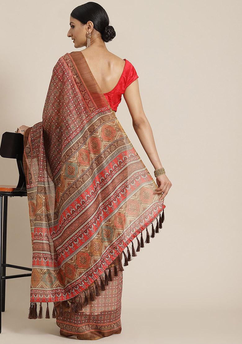 Beige Kalamkari Digital Print Cotton Saree Set