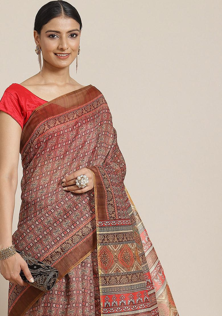Beige Kalamkari Digital Print Cotton Saree Set