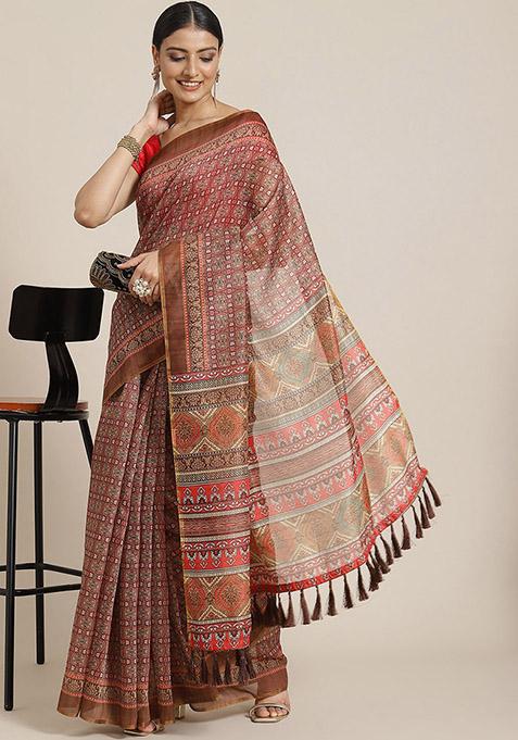 Beige Kalamkari Digital Print Cotton Saree Set