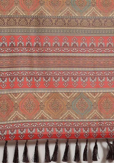 Beige Kalamkari Digital Print Cotton Saree Set