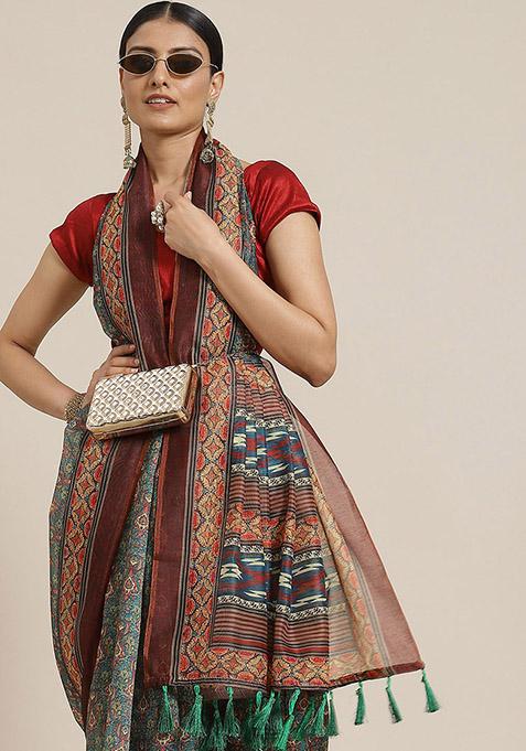 Maroon Kalamkari Digital Print Cotton Saree Set