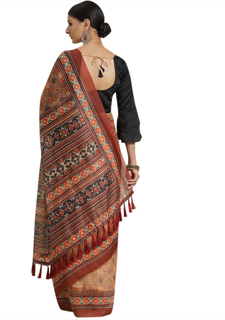 Brown Kalamkari Digital Print Cotton Saree Set