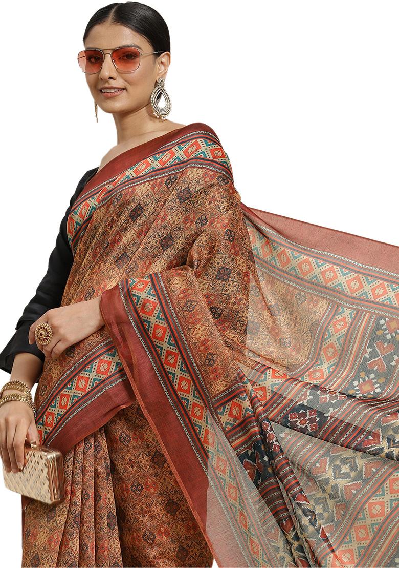 Brown Kalamkari Digital Print Cotton Saree Set