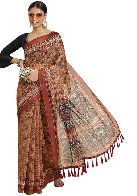 Brown Kalamkari Digital Print Cotton Saree Set