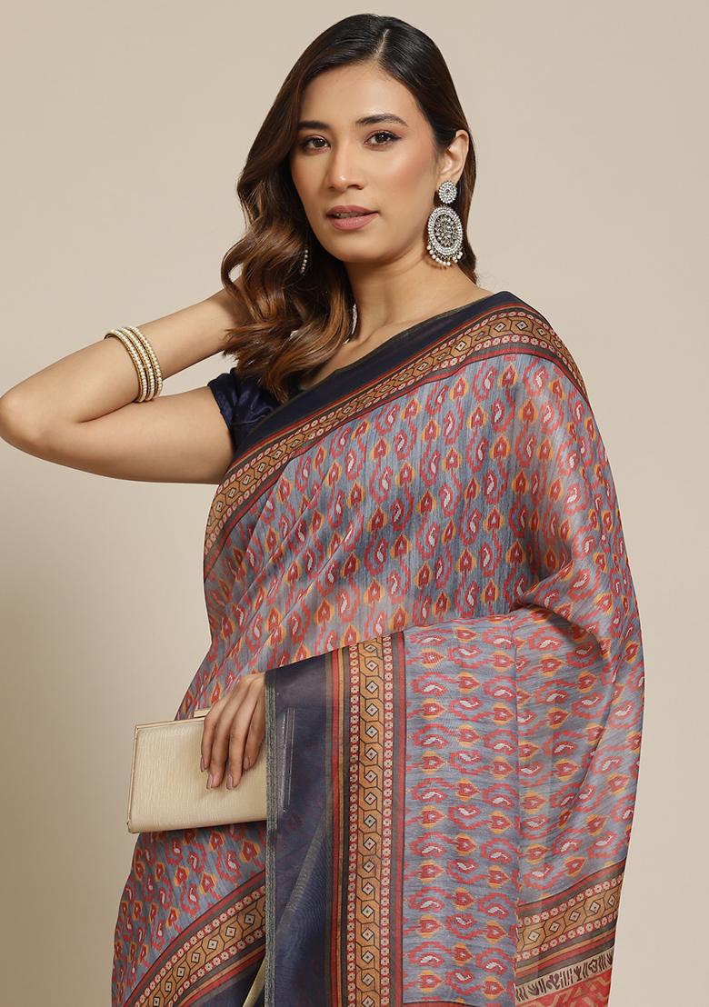 Grey Kalamkari Digital Print Cotton Saree Set