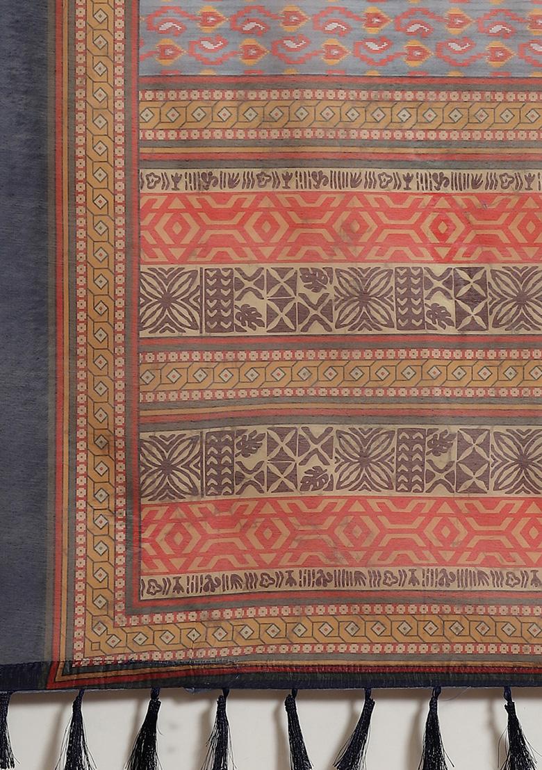 Grey Kalamkari Digital Print Cotton Saree Set