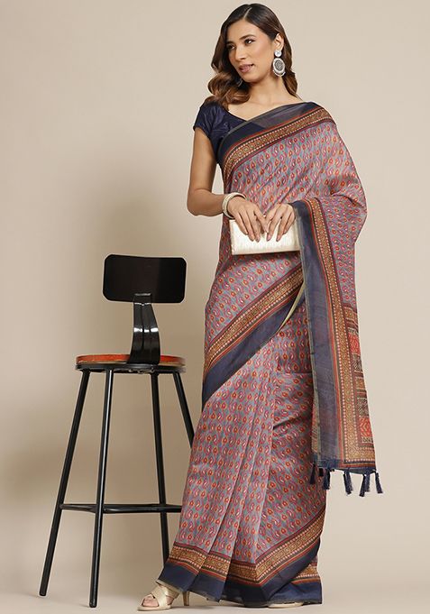 Grey Kalamkari Digital Print Cotton Saree Set