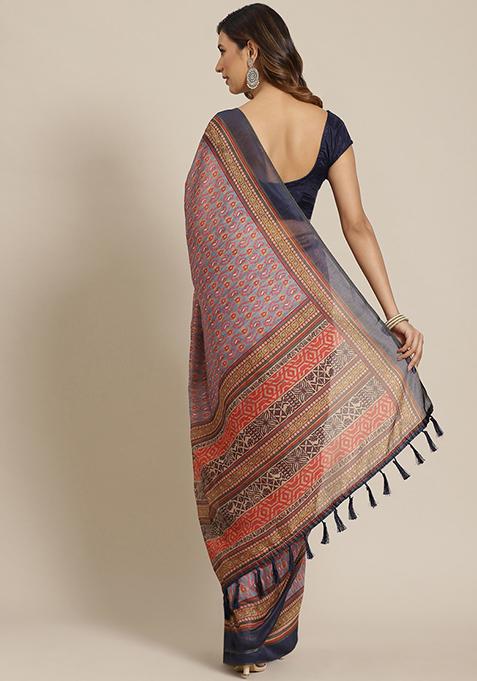 Grey Kalamkari Digital Print Cotton Saree Set