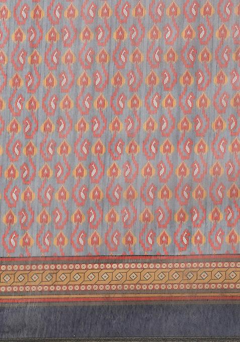 Grey Kalamkari Digital Print Cotton Saree Set