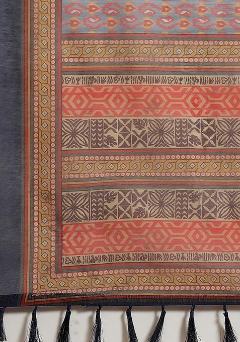 Grey Kalamkari Digital Print Cotton Saree Set