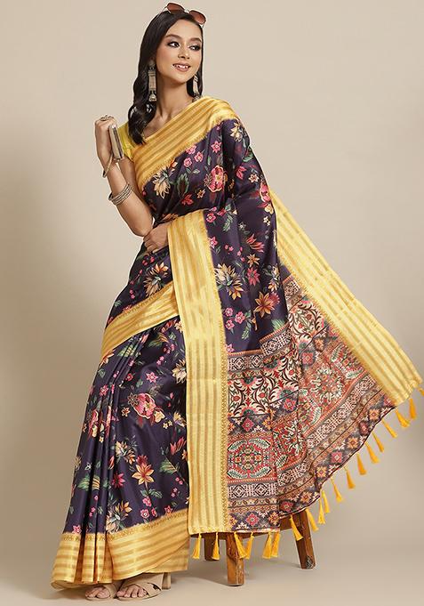 Navy Blue Floral Print Art Silk Saree Set