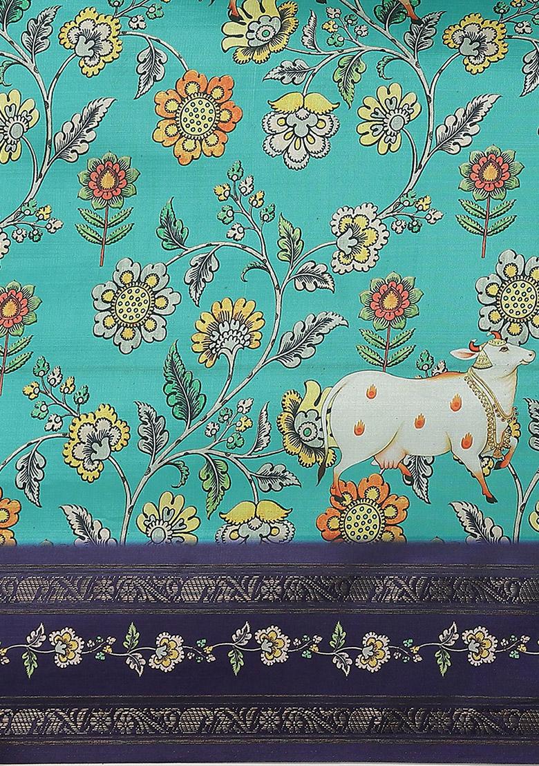 Dekoページ！ Buy Women Turquoise Floral Print Art Silk Saree Set - Sarees