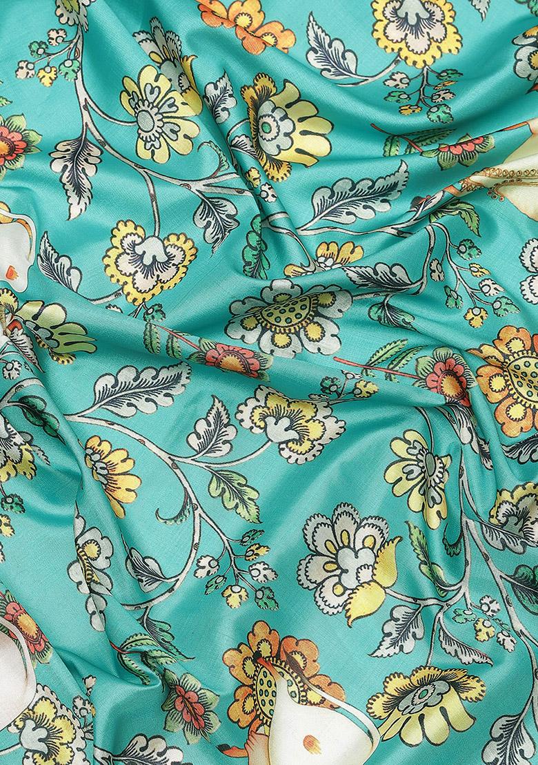 Dekoページ！ Buy Women Turquoise Floral Print Art Silk Saree Set - Sarees