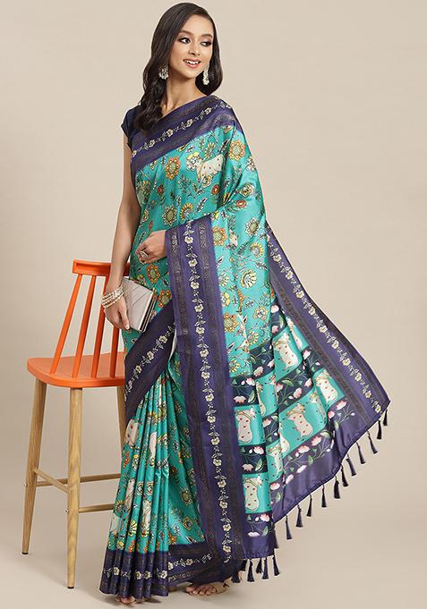 Turquoise Floral Print Art Silk Saree Set