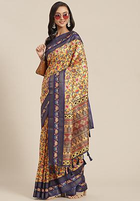Mustard Floral Digital Print Art Silk Saree Set