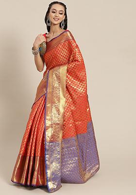 Red Zari Embroidered Brocade Saree Set