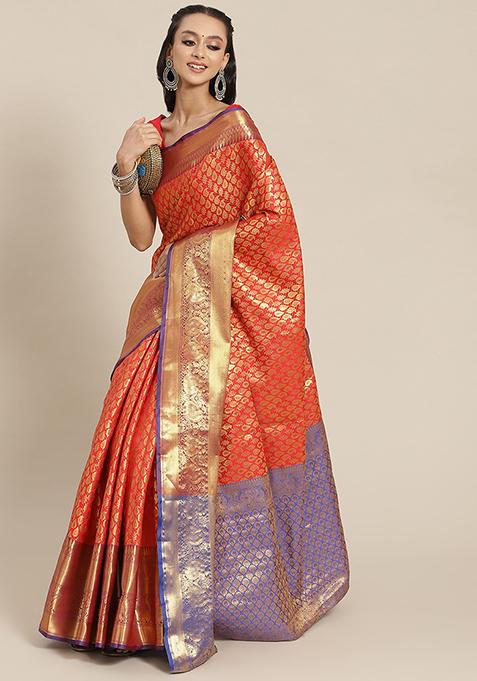 Red Zari Embroidered Brocade Saree Set