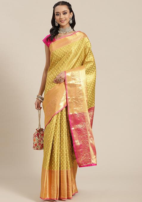 Yellow Zari Embroidered Brocade Saree Set