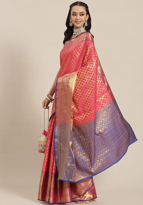 Pink Zari Embroidered Brocade Saree Set