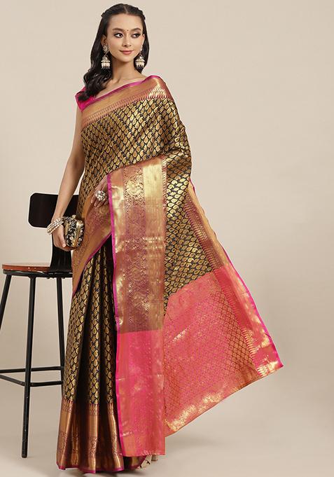 Black Zari Embroidered Brocade Saree Set