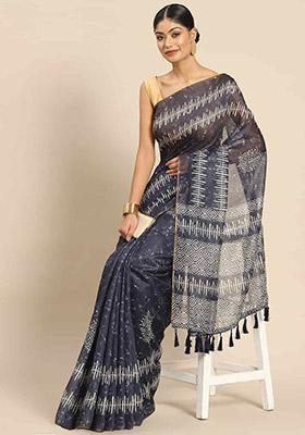Black Block Print Cotton Saree Set