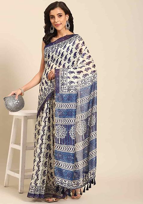 Blue Block Print Cotton Saree Set