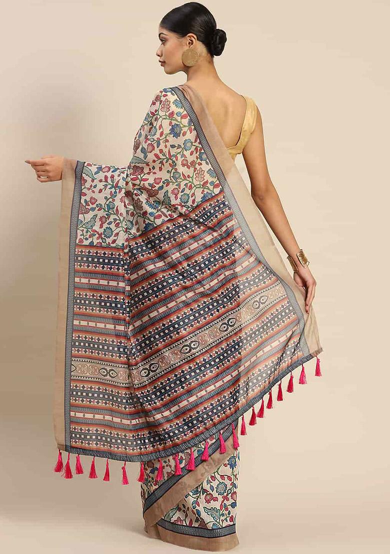 White Digital Block Print Cotton Saree Set