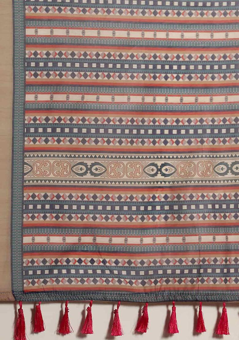 White Digital Block Print Cotton Saree Set