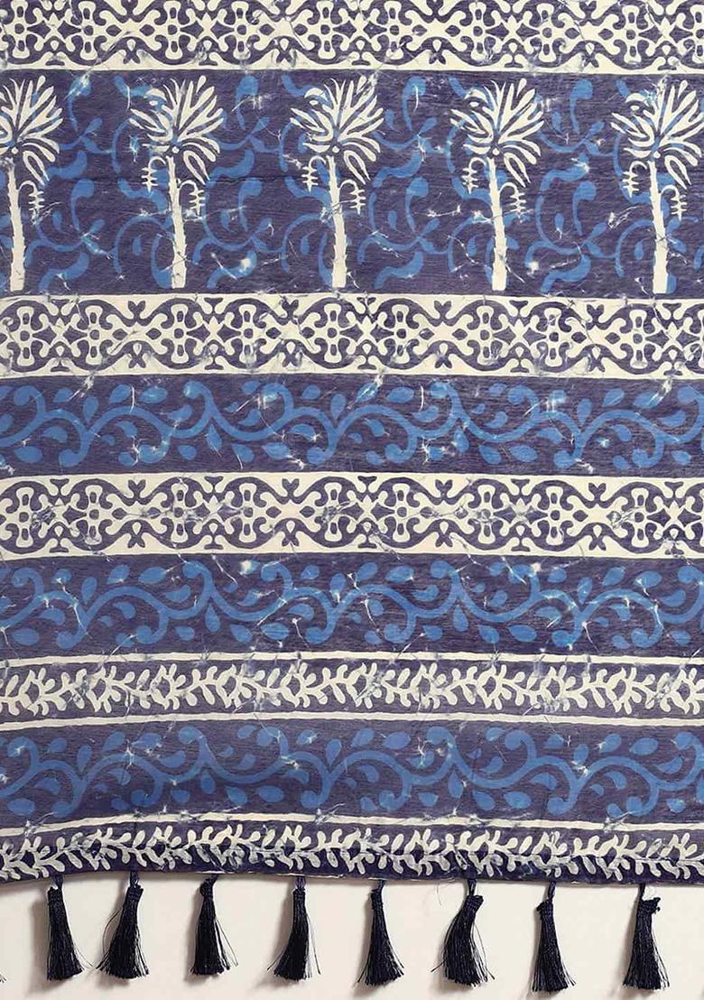 Blue Block Print Cotton Saree Set - Indya