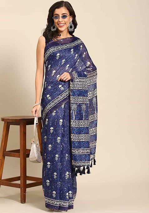 Blue Block Print Cotton Saree Set