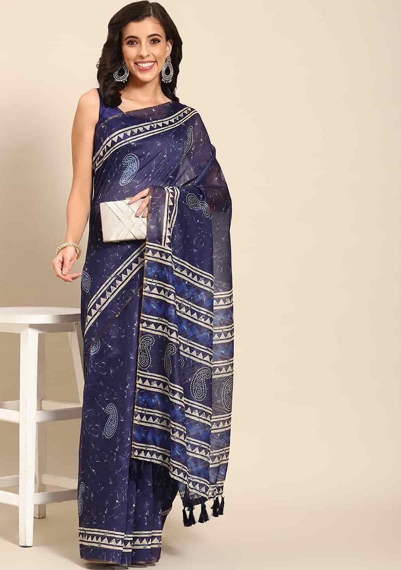 Blue Digital Block Print Cotton Saree Set
