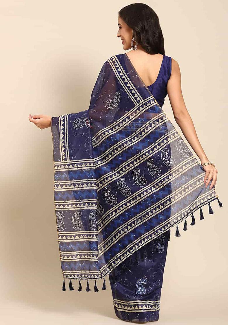 Blue Digital Block Print Cotton Saree Set