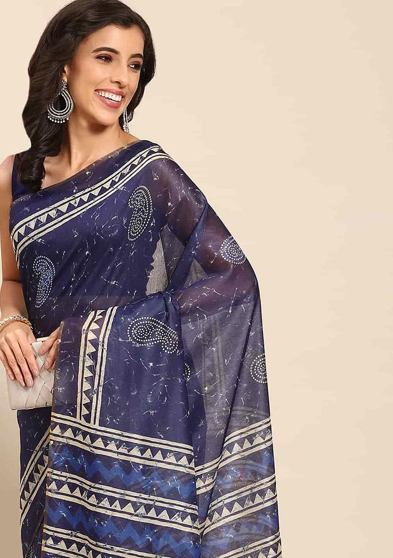 Blue Digital Block Print Cotton Saree Set
