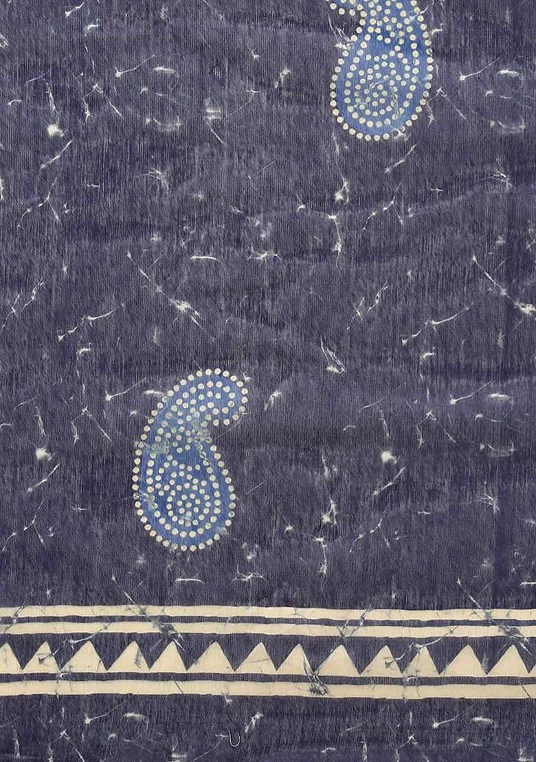 Blue Digital Block Print Cotton Saree Set