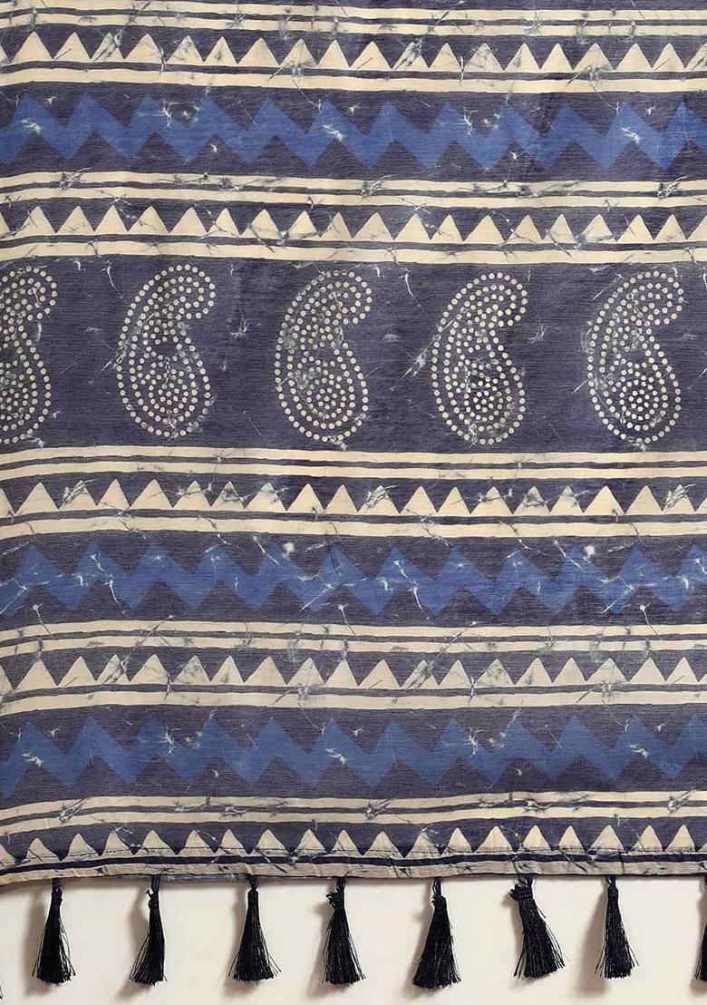 Blue Digital Block Print Cotton Saree Set